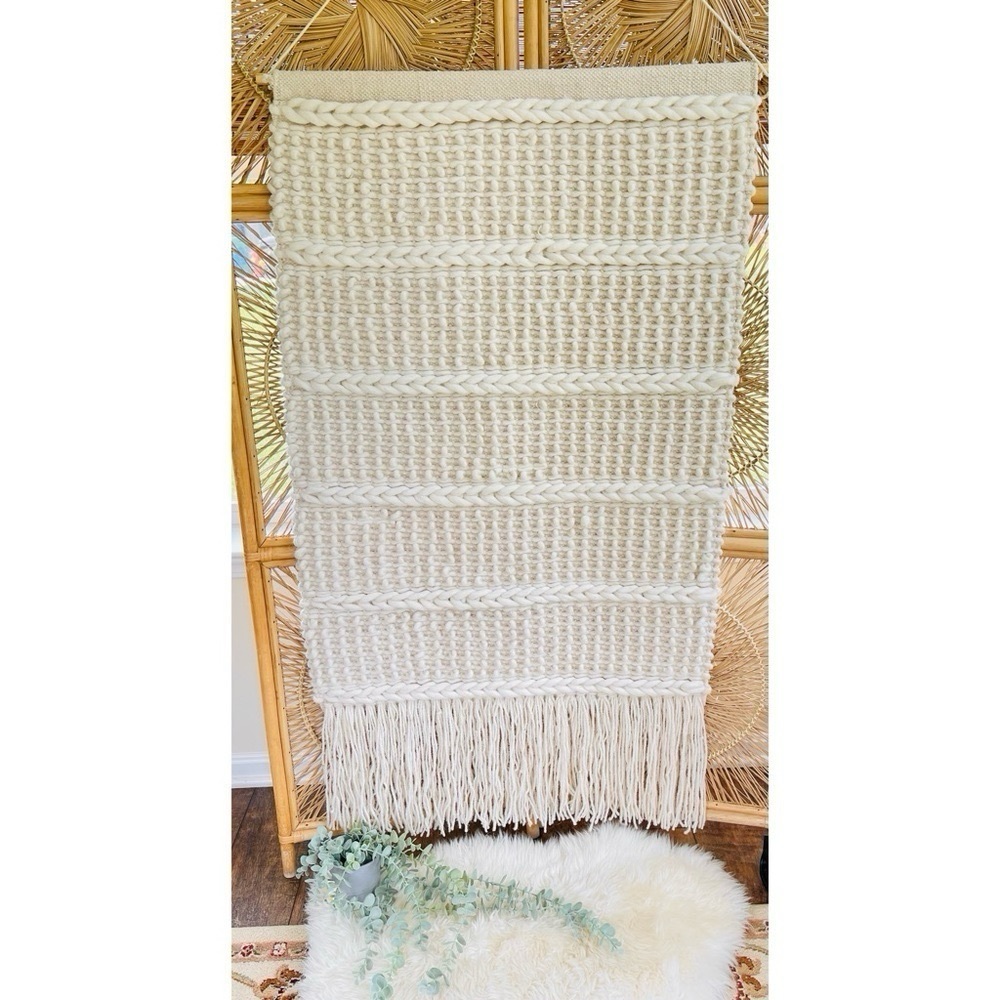 XL Cream Off White Wool and Cotton Woven Tapestry Wall Hanging Boho Neutral Deco